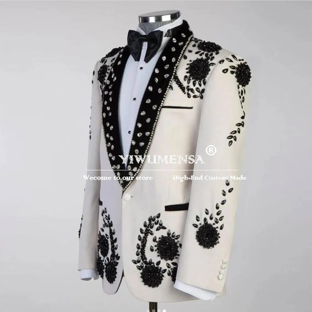 Tailor-made Men's Suits Black Shawl Lapel Prom Blazer Crystals Beads Jacket Pants 2 Pieces Groom Wedding Tuxedos traje de hombre