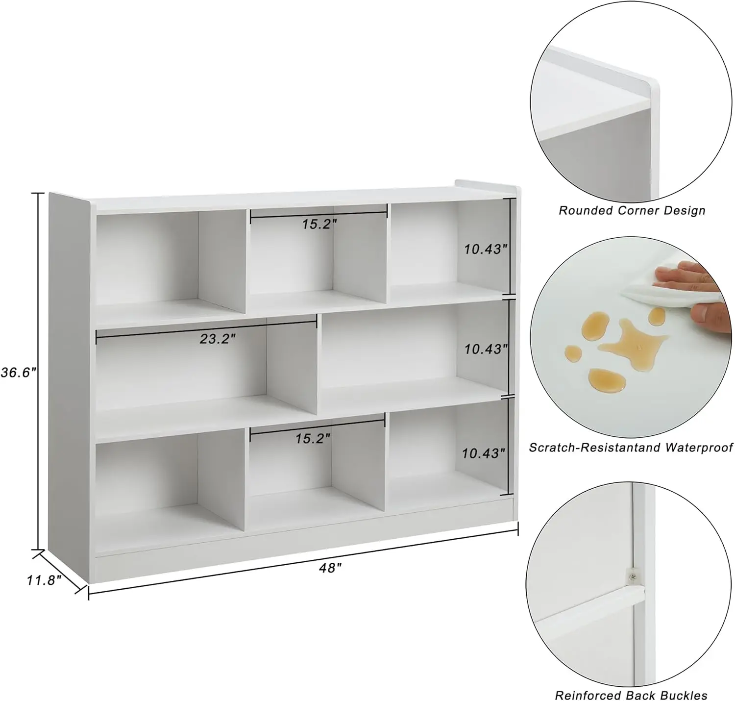 رف كتب خشبي من 3 طبقات، خزانة تخزين مكونة من 8 أقسام، باللون الأبيض