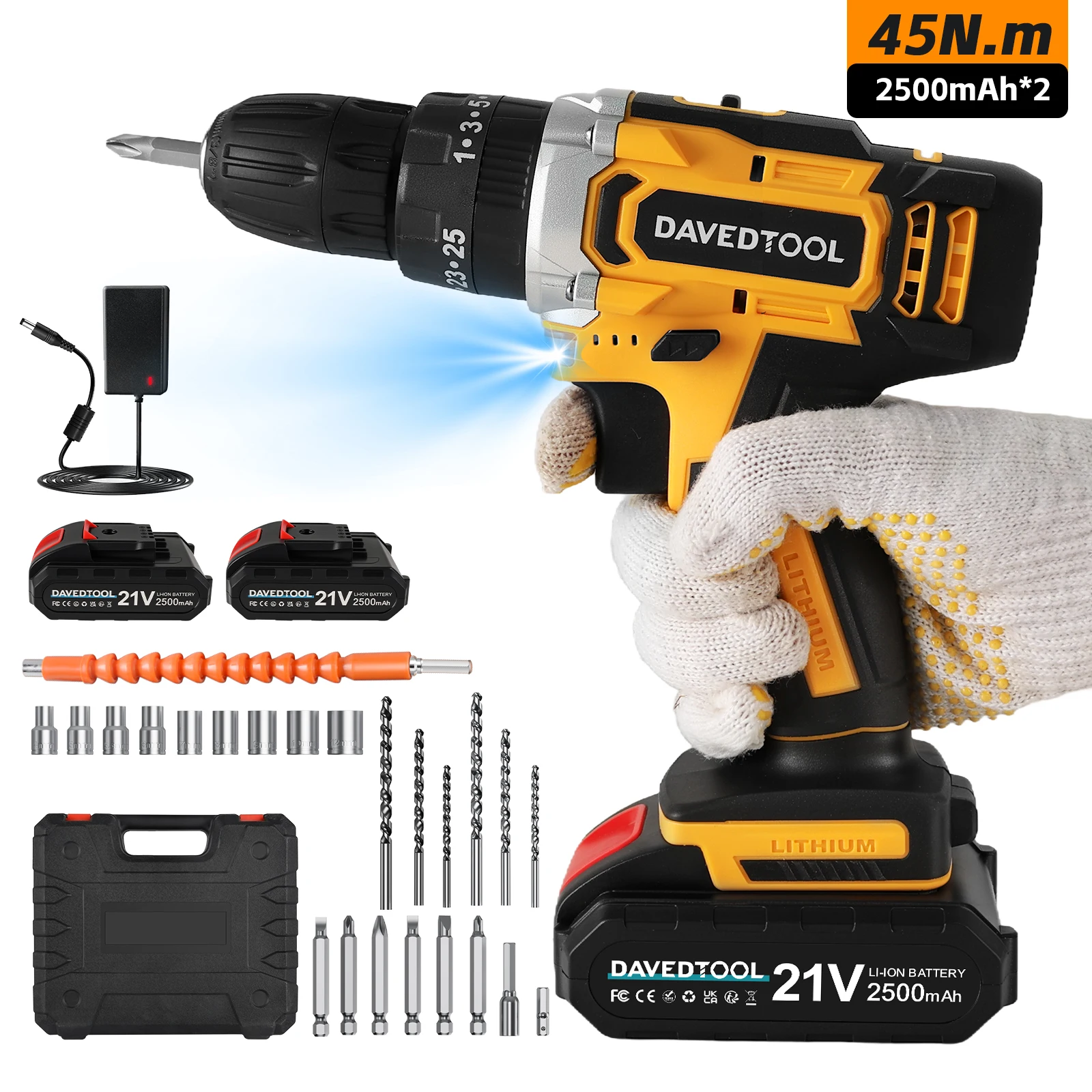 21V Electric Screwdriver, Cordless Screwdriver Set 25+3 Torque Setting 2.5Ah Rechargeable 2 Batteries w/LED Worklight & Charger