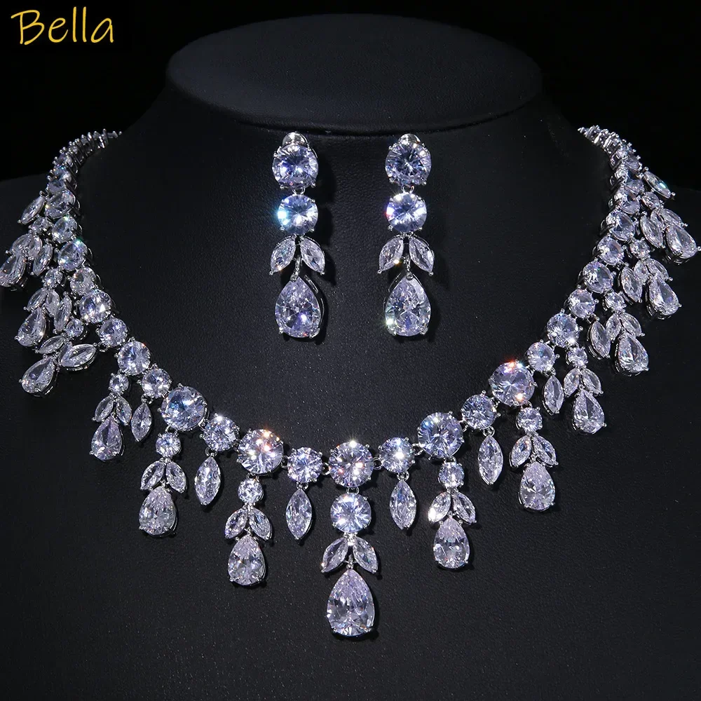 

Wedding Bride Jewelry Sets Necklace Earrings Green Red Blue Zircon Water Drop Luxury Jewelry Women Dinner Party Gift Anniversay