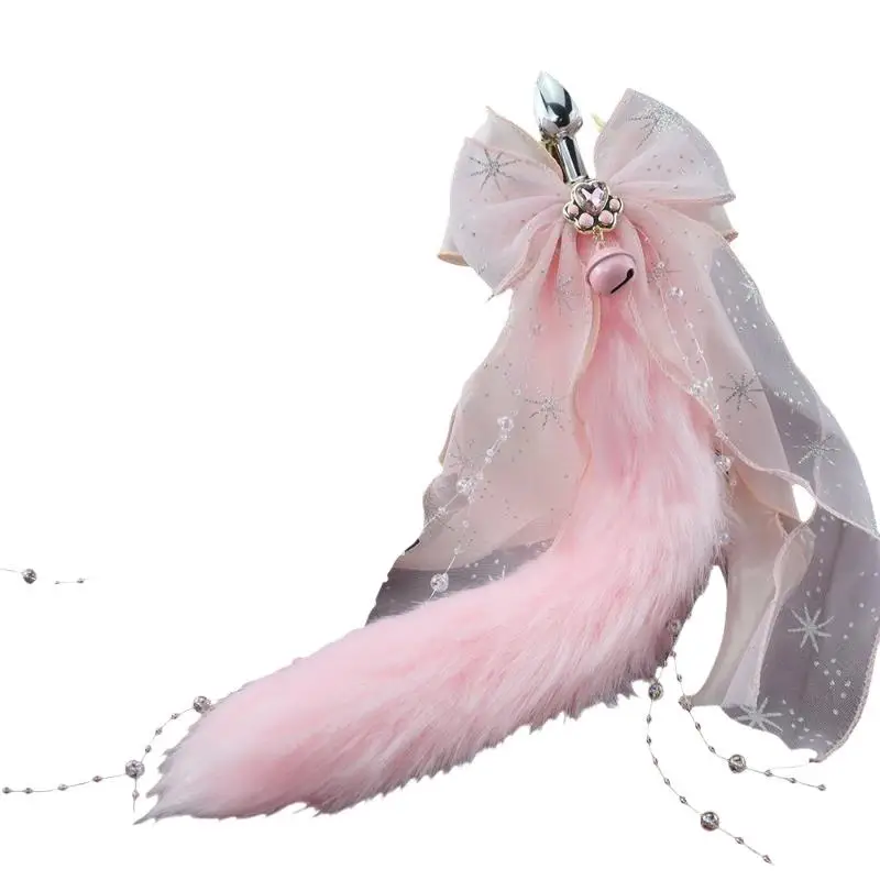 SALuxury Fox Tail Anal Plug Large Lace Bow Pearl Chain Bell Cosplay Pet Play Sex Toy For Women Gift