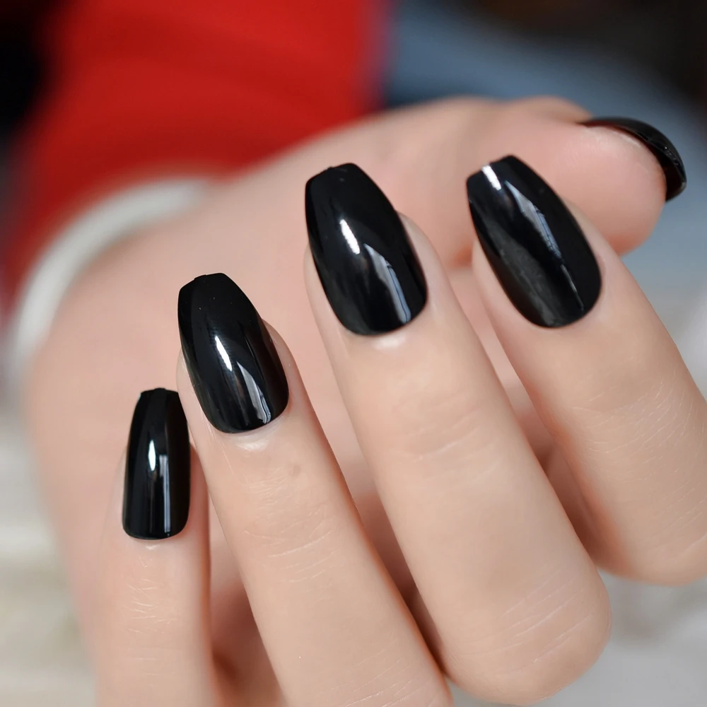 Classic Black UV Coffin False Nails Pure Solid Color Ballerina Fake Nail Artificial Extension Tips for Finger Free Glue Sticker