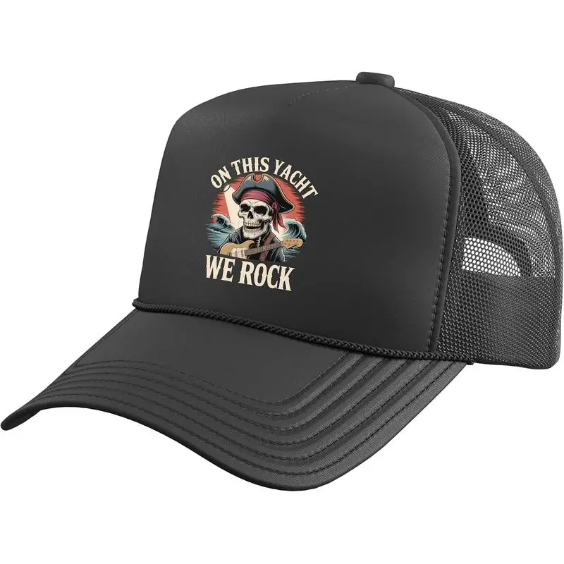 On This Yacht We Rock Skull Pirate Music Trucker Hat with Adjustable Mesh Back