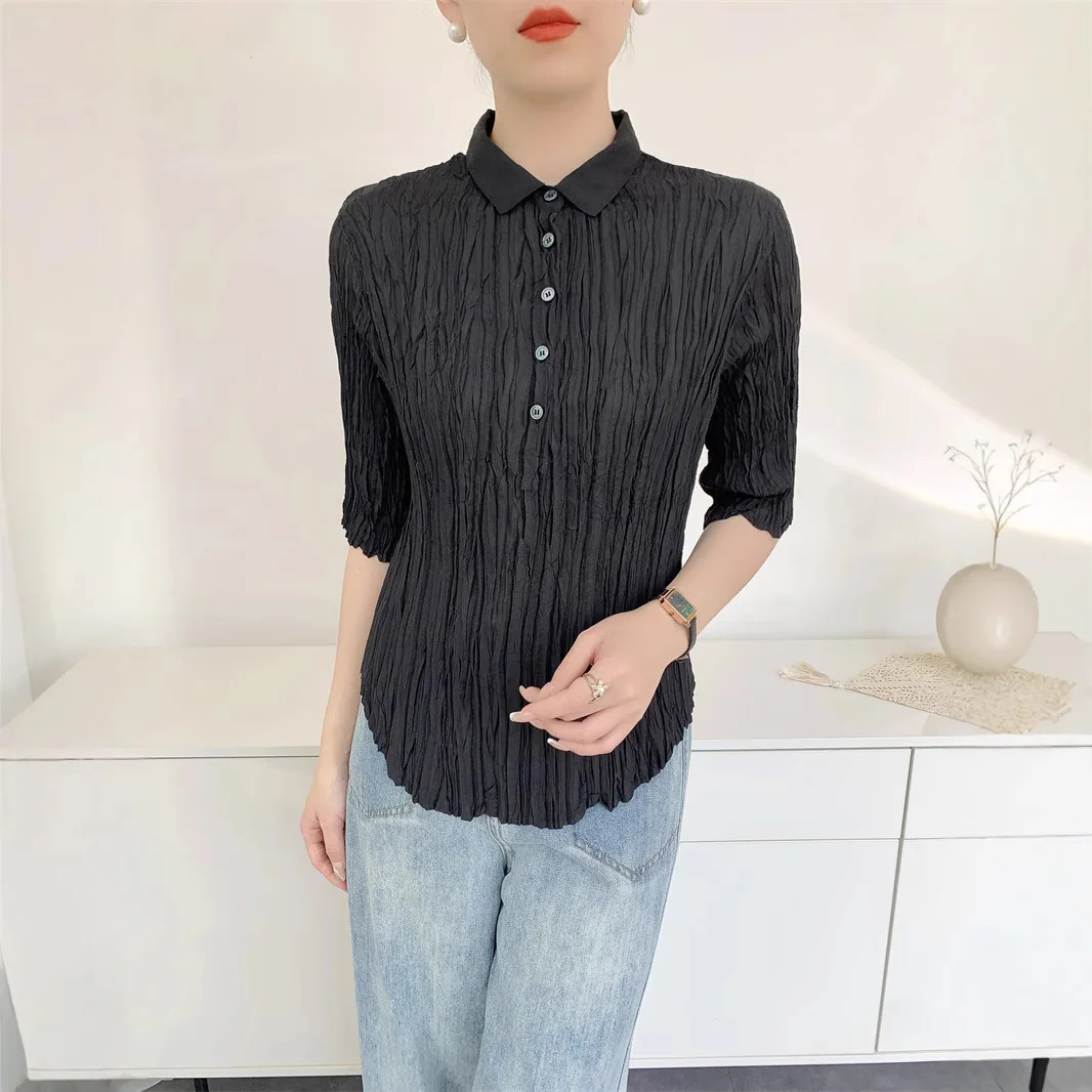 Miyake Handmade Messy Pleated Hundred Koszula damska Średnie rękawy Slim Temperament Solidna cienka koszula Design 2025 Lato Nowość