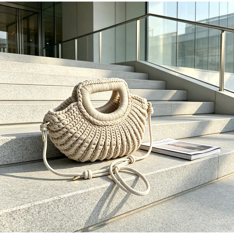 Gestrickte Garn-Umhängetasche, Einfarbige Damen-Handtasche, Schlichte Casual-Strandtasche für den Urlaub am Meer – Detail 11