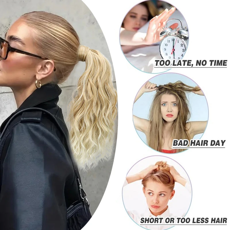 وصلة شعر صناعية مموجة ومموجة بطول 14 بوصة، وصلة شعر على شكل ذيل حصان، قطعة شعر وهمية باللون الأسود والأشقر للنساء