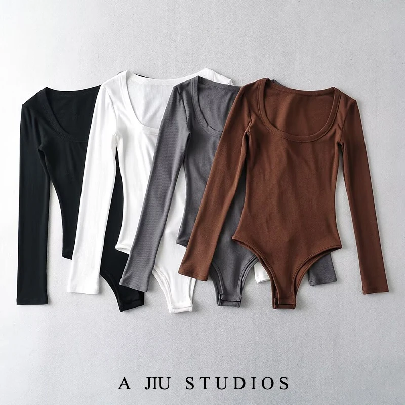 

Sexy Tight Long Sve Onesie T-irt Women's Spring Autumn Inner Wear U-Ne Elastic Street Sle High Waist orts Bot