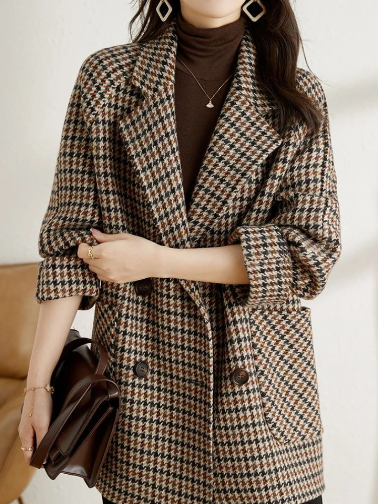 Houndstooth Blazer wol wanita, jaket jas kotak-kotak dua baris, pakaian luar Korea longgar, mantel wanita Vintage