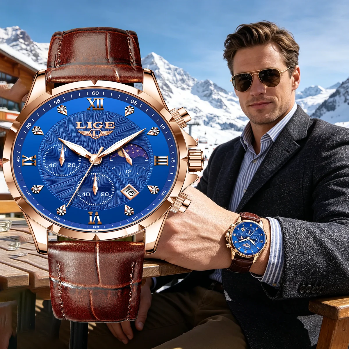 

LIGE Blue Men's Watches Casual Business Leather Man Watch Luxury Luminous Chronograph Date Waterproof Wristwatch Quartz Watches