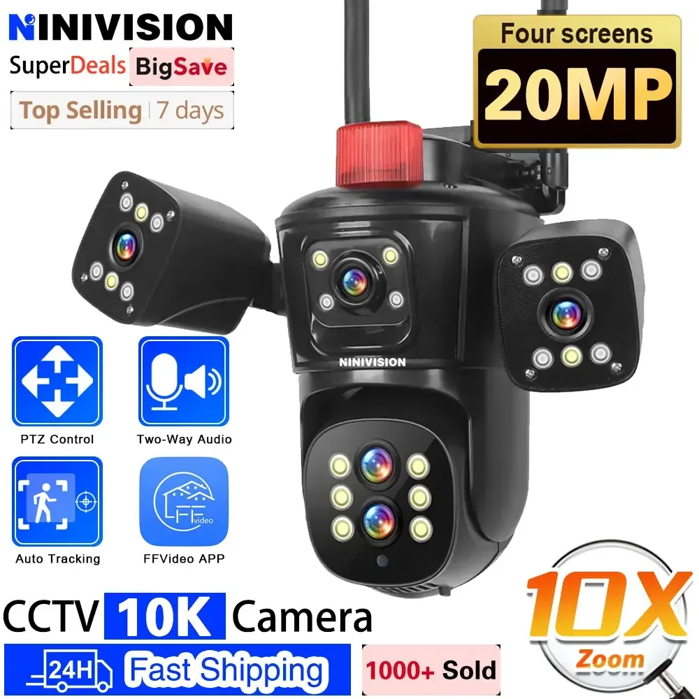 

20MP Wifi Surveillance Camera 10X Zoom 4*Screens Outdoor Wireless Security Cameras 10k Human Detection Auto Tracking