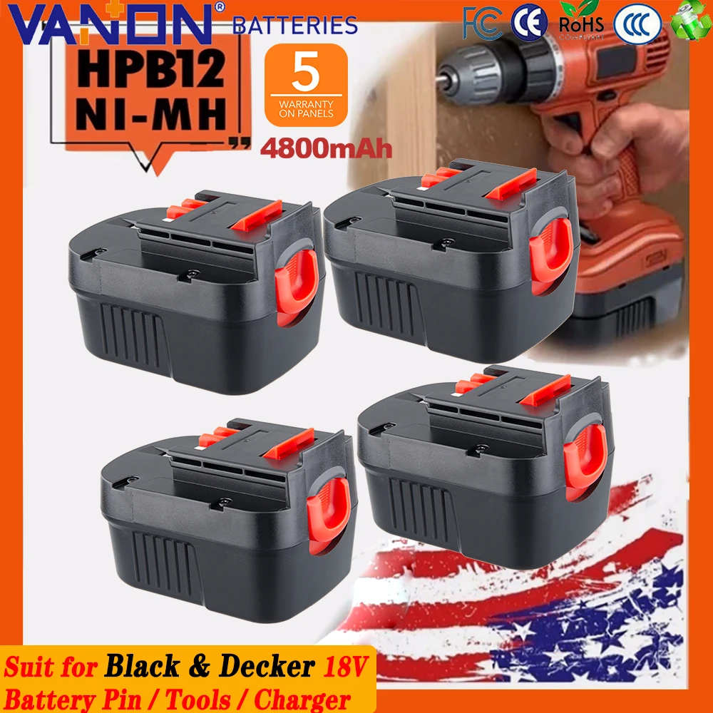 

VANON 1/2/4Pcs HPB12 4.8Ah Ni-MH Replace for Black & Decker 12V Battery Pin A1712 FSB12 A12-XJ FS120BX Cordless Power Tools