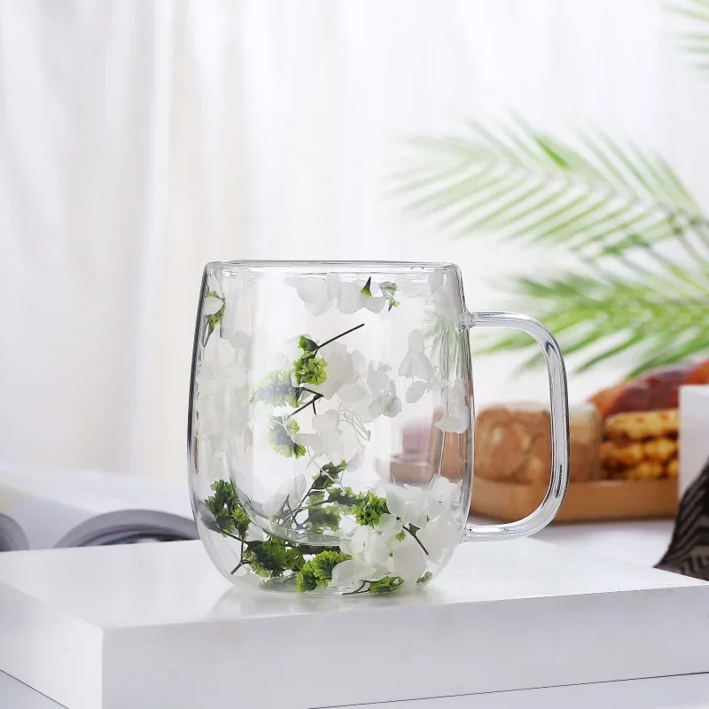 250ml / 350ml Double Wall Glass Cup Dry Flowers Insulated Flowers Espresso Cup Coffee Mugs Dual Layered Glass Cups Dried Flowers