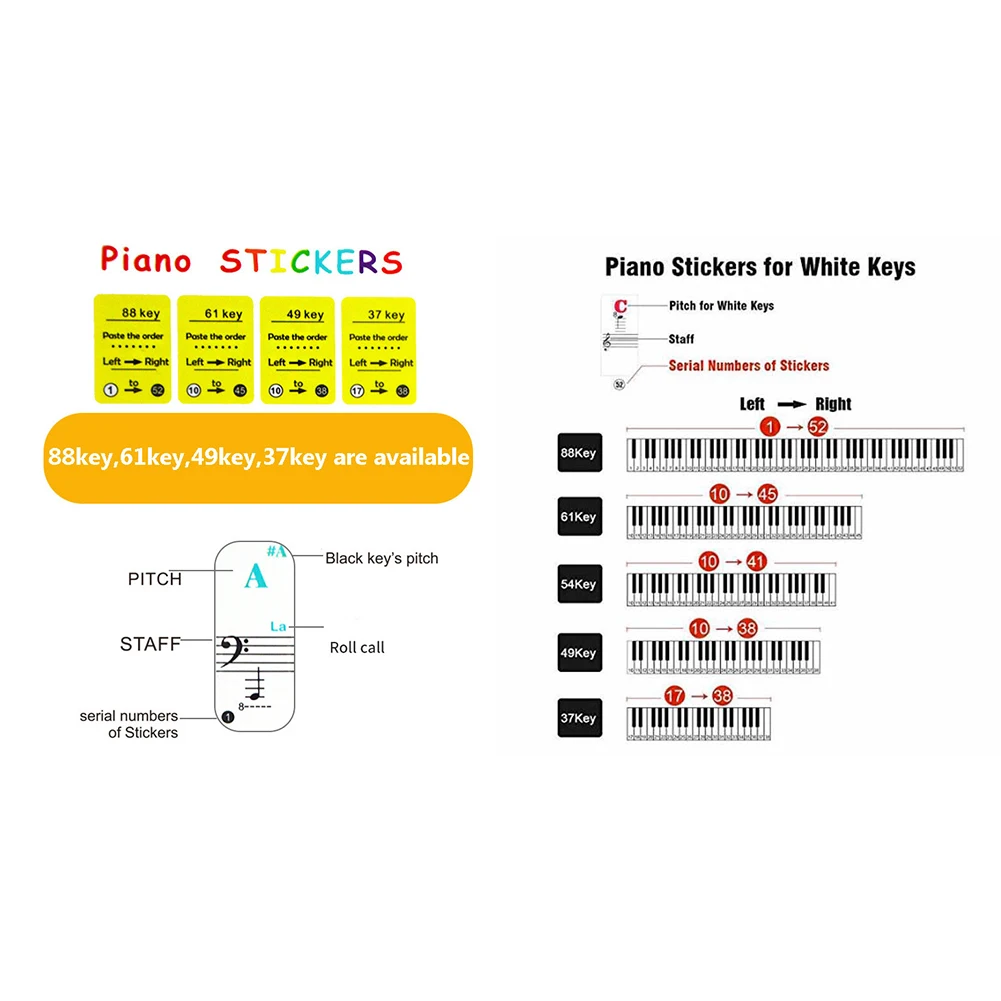 Notas musicais para piano adesivos, acessórios do teclado, peças de instrumentos musicais, proteção, sintetizador 88, 61, 49, 37 teclas, venda quente