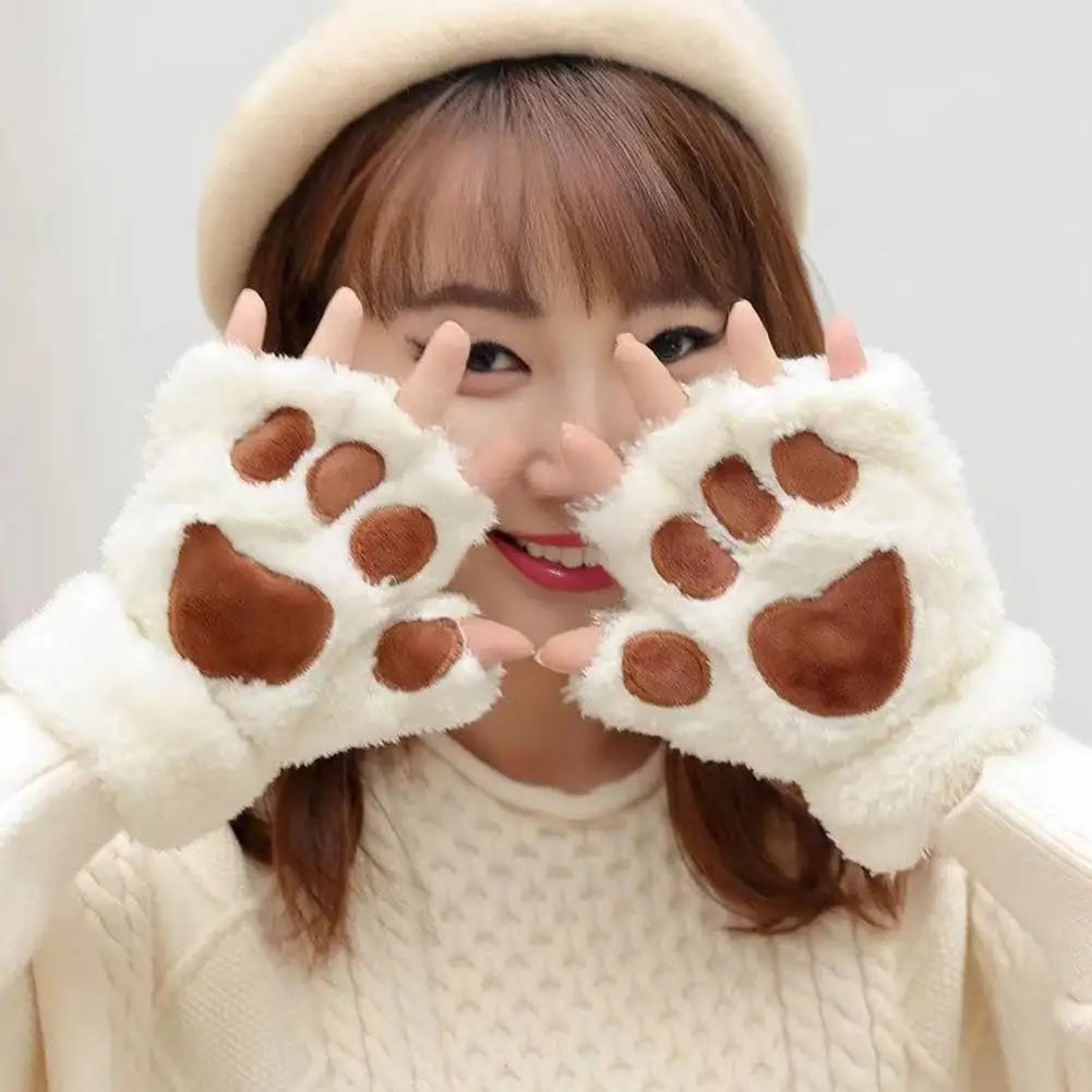 

Women Cat Paw Gloves Cute Fuzzy Warm Half Finger Gloves Winter Plush Animal Paw Gloves for Girls Teens Cosplay Costume Parties D