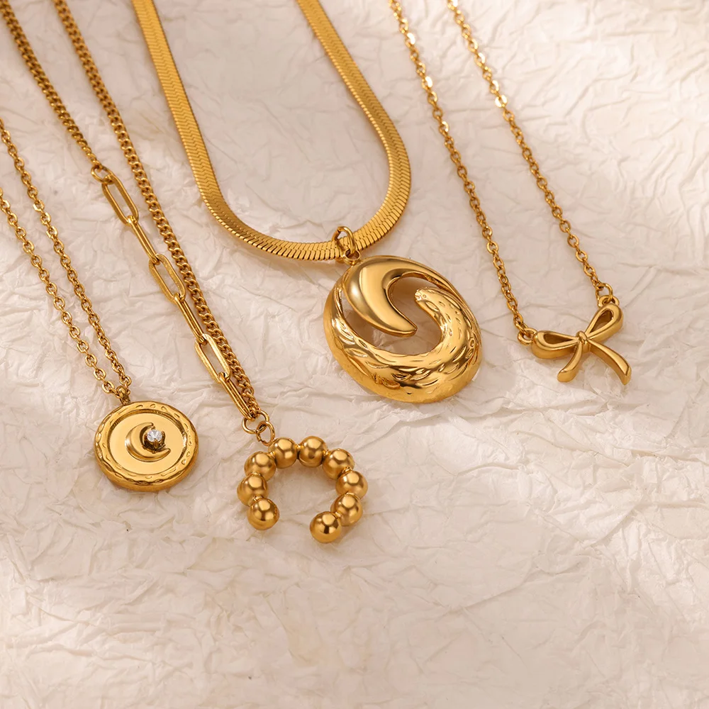Stainless Steel Bow Moon Pendant Necklace For Women Gold Color Geometric  Hollow Round Necklace Christmas  Party Jewelry Gift