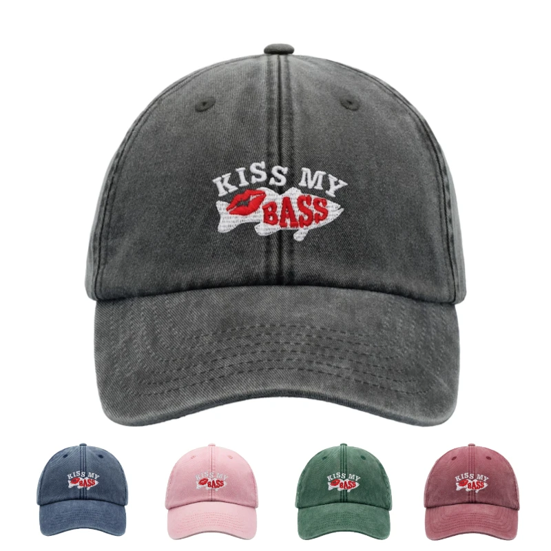 1 Stück „Kiss My Bass“ Freizeit-Baseballkappe für Herren, winddichte, sonnengeschützte Vintage-Waschungskappe für den täglichen Gebrauch, Sport, Wandern