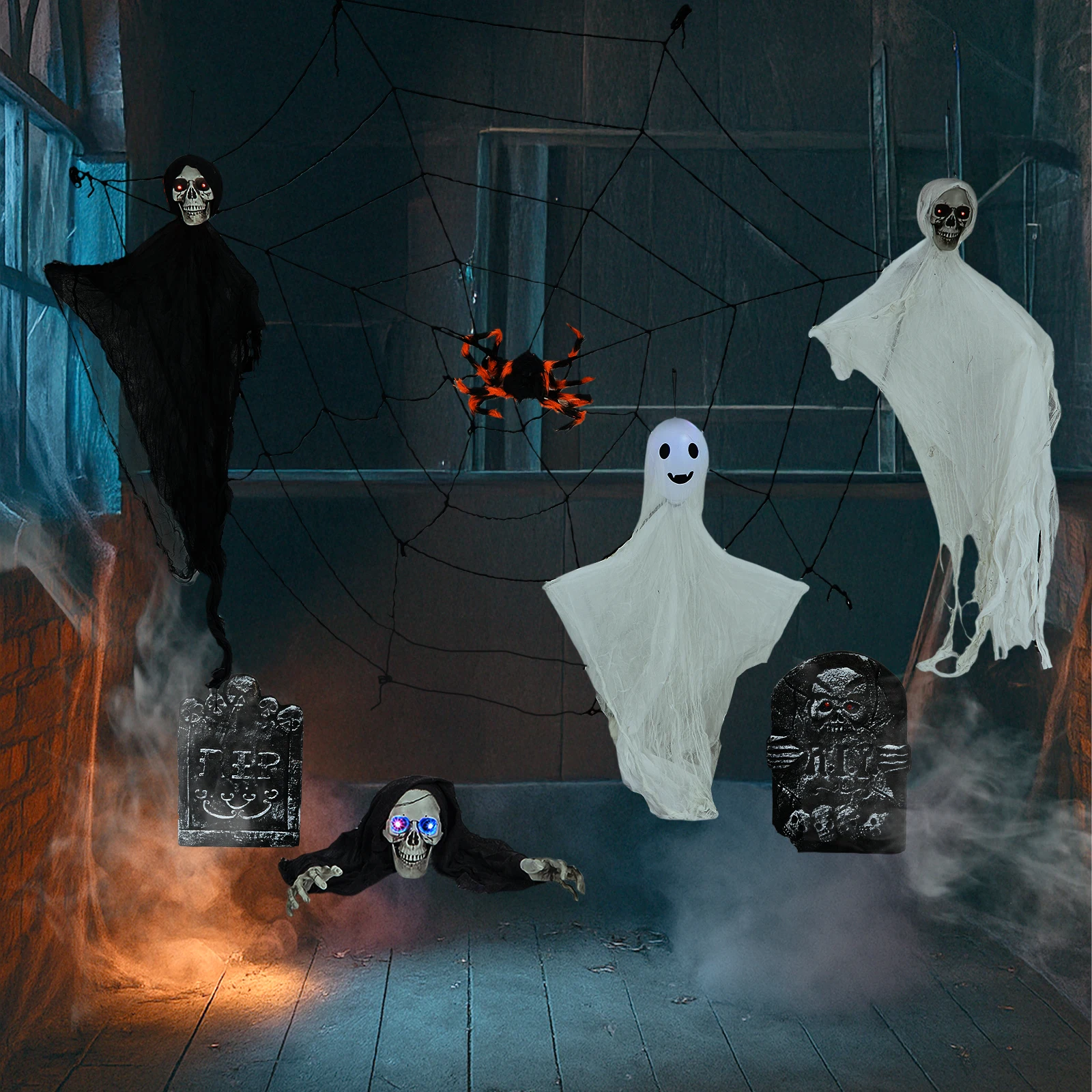 

Outdoor Halloween Decorations 8-Piece Set, Hanging Ghosts Decor and Cobweb and Gravestone with Lighted Up Eyes, Scary Swinging