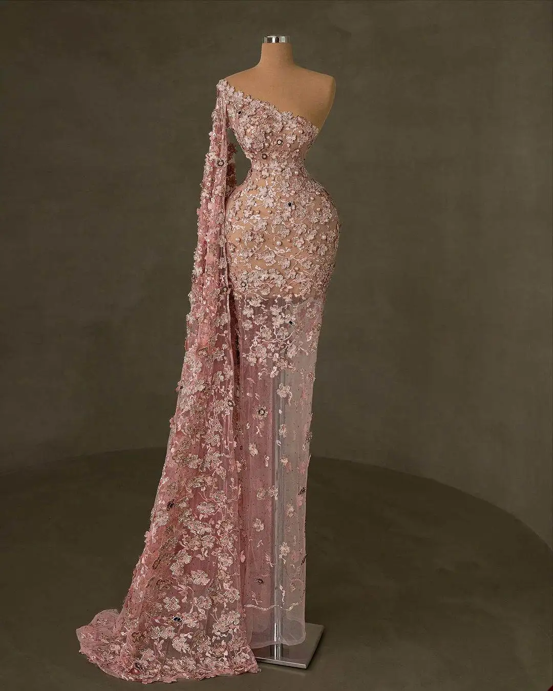 Pink Sheath Gown Wedding Dresses Crystals Flowers Lace Bridal Gowns Big Size Floor Length Vestidos De Novia Custom Size Colour
