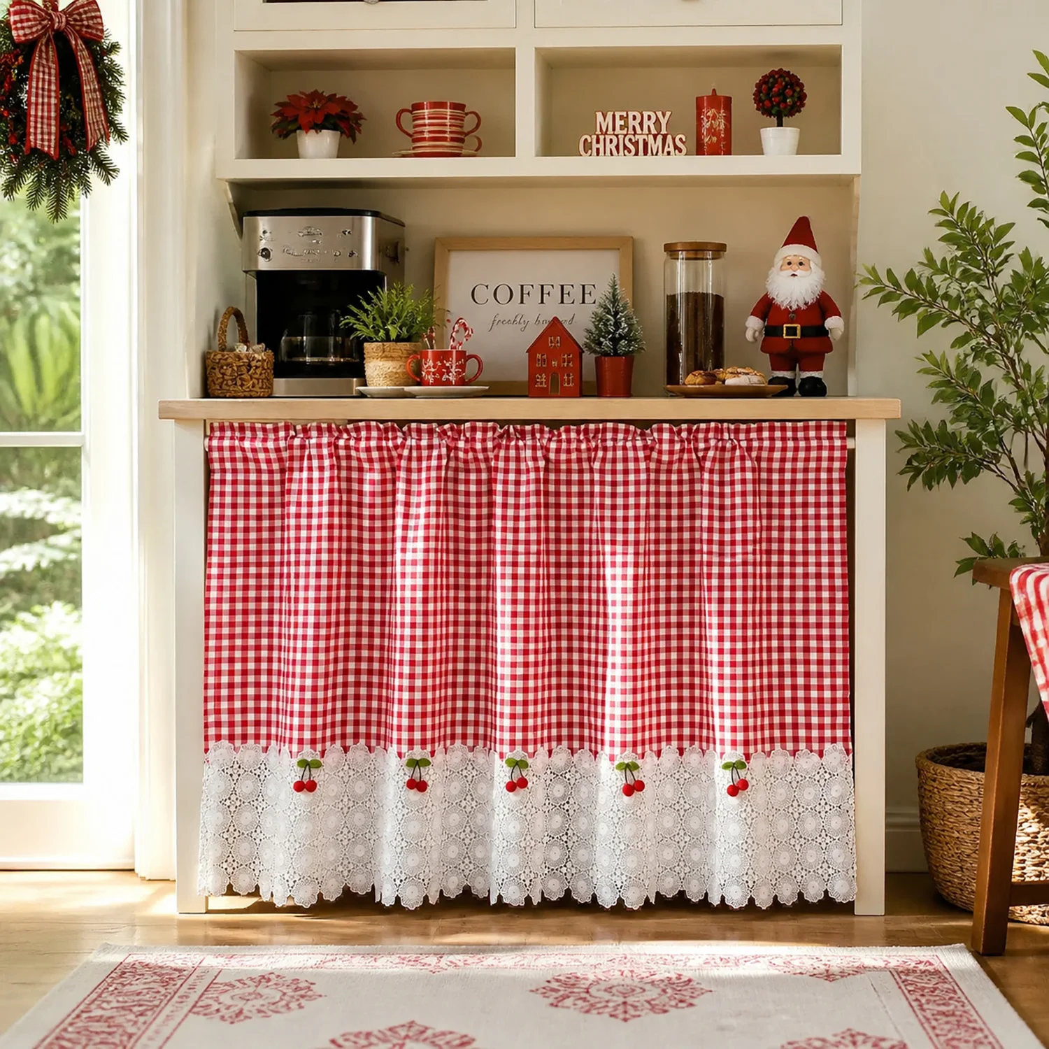 1PC Cottagecore Red Gingham Cafe Curtain with Cute Cherry Accents,Rod Pocket Half Curtain for Kitchen Sink,Cabinet,Window,Door