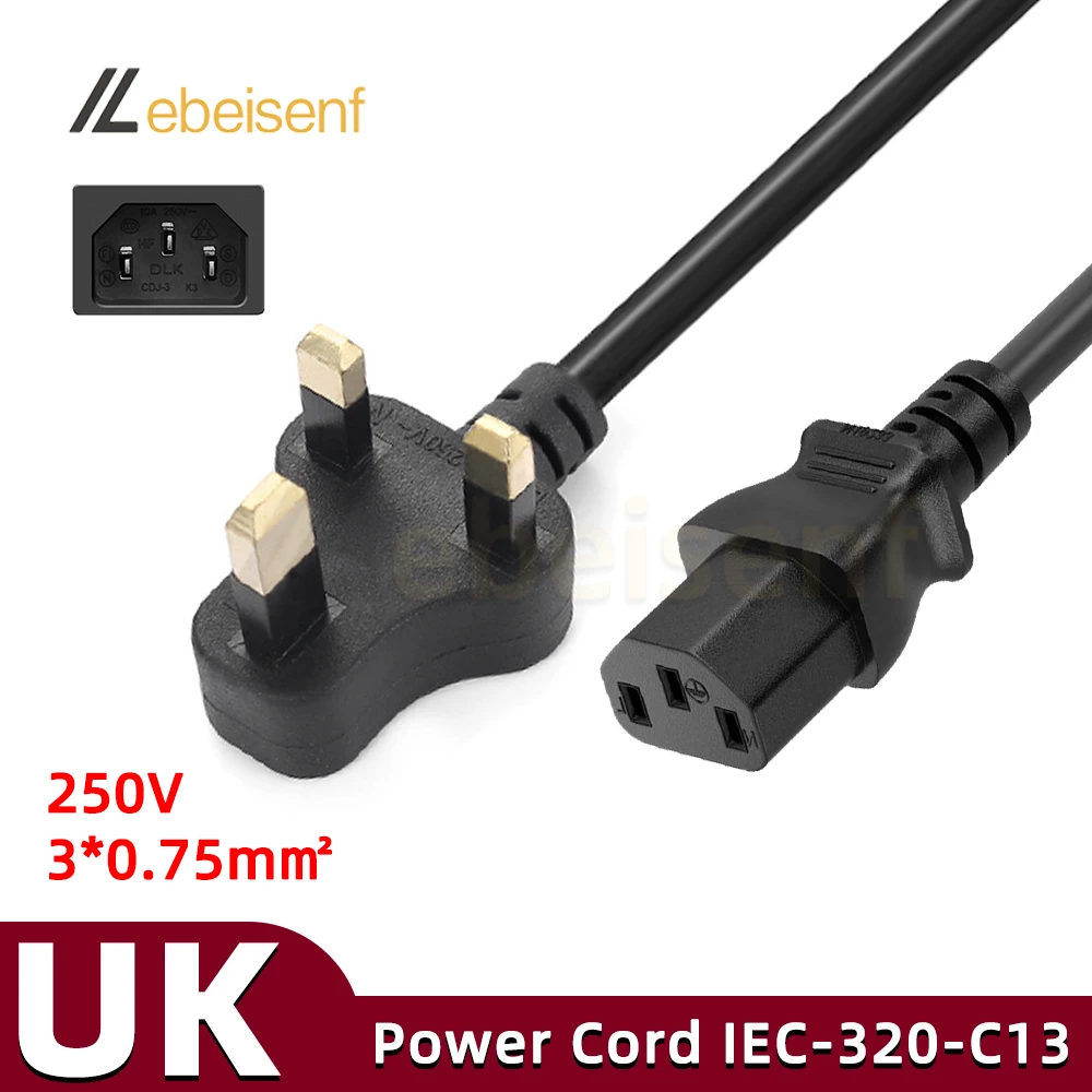 1M Black UK Plug 3 Prong AC Power Cord IEC 320 C13 Power Supply Wire Extension Cord for PC Computer Monitor TV Speaker Printer