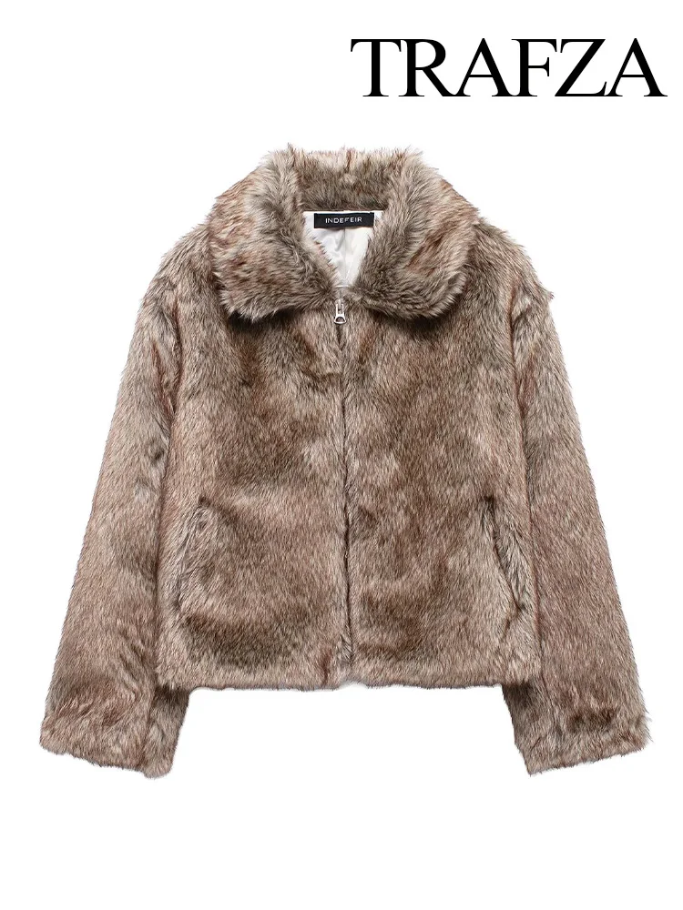 TRAFZA Winter Fashion Woman Zipper Faux Fur Warm Jackets Lapel Long Sleeves Single Breasted Female Side Pockets Decorate Coat