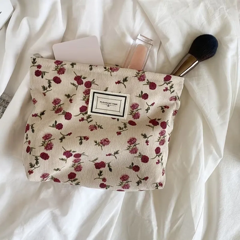 New Corduroy Cosmetic Bag Large Capacity Handheld Makeup Bag Flower Wash Bag Women