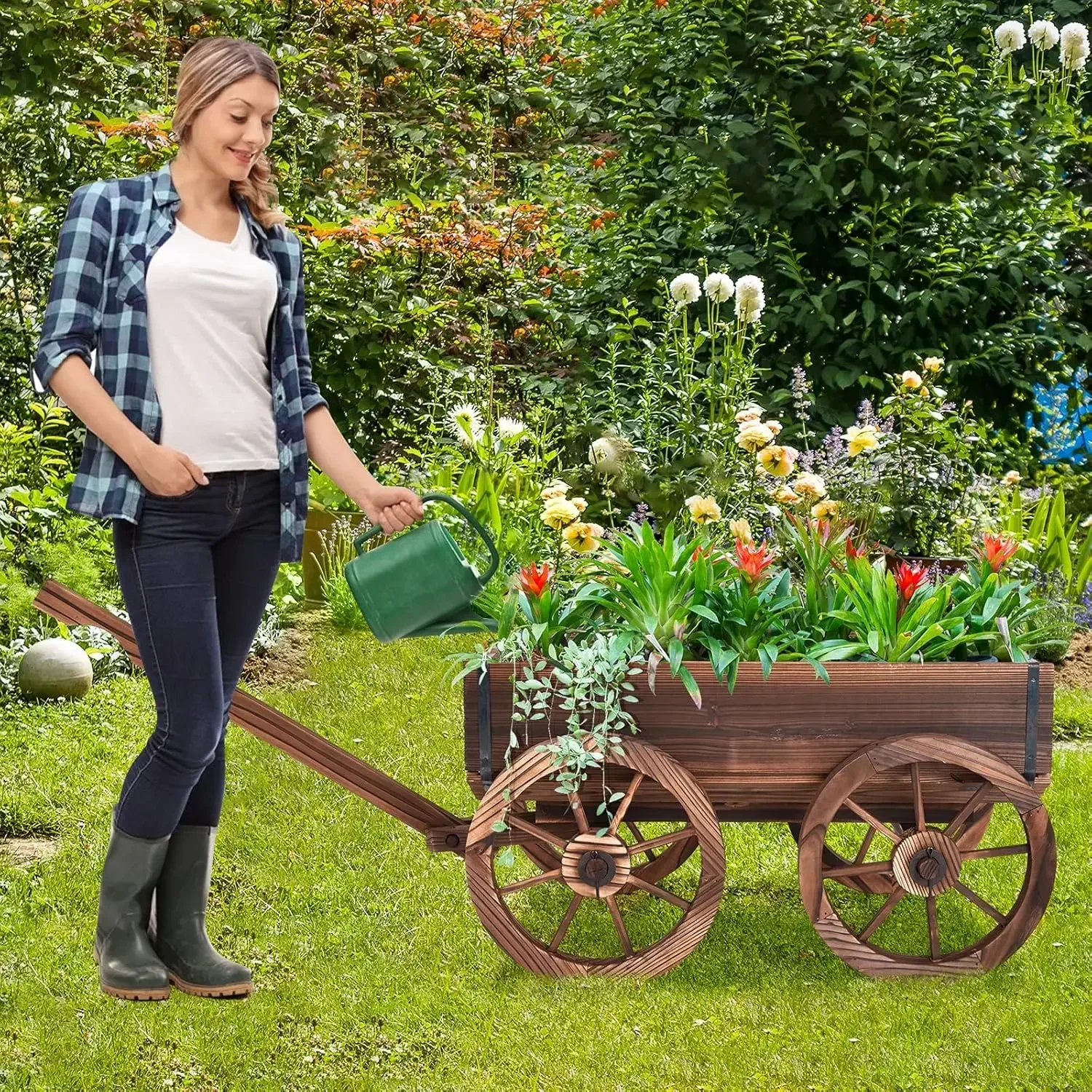 Tangkula Wooden Wagon Planter Box, Decorative Garden Planter w/Wheels, Handle, Drain Hole, Rustic Wooden Flower Cart for Indoor
