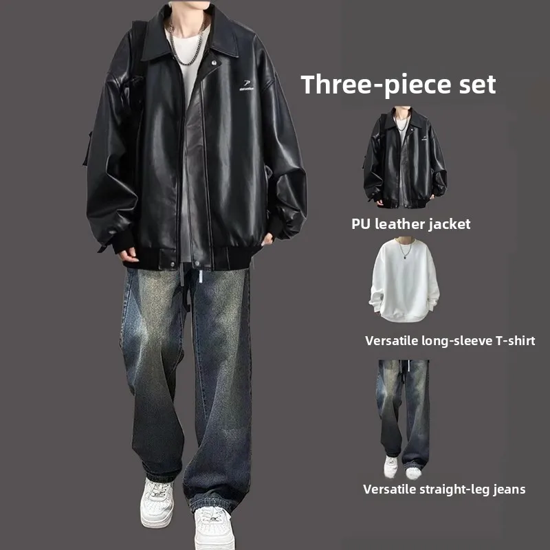 

Spring Leather Jaet Men's 2025 New American Trend Brand Boys Haome Tee-piece Set Autumn Motorcycle High-end Feel