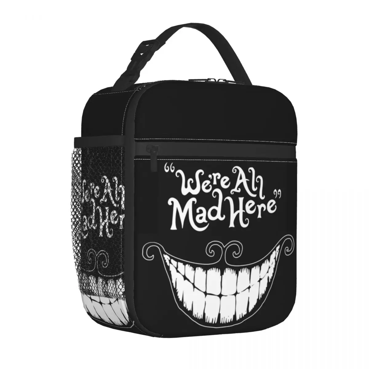 Custom We Are All Mad Here Insulated Lunch Bag Camping Travel Food Cheshire Cat Animal Leakproof Cooler Thermal Lunch Box Kids