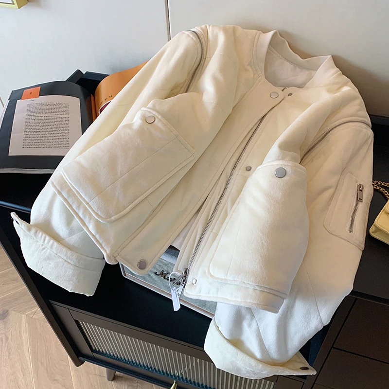 

Off white suede thickened cotton jacket for women in winter 2025, new casual American high-end warm short jacket Y2K