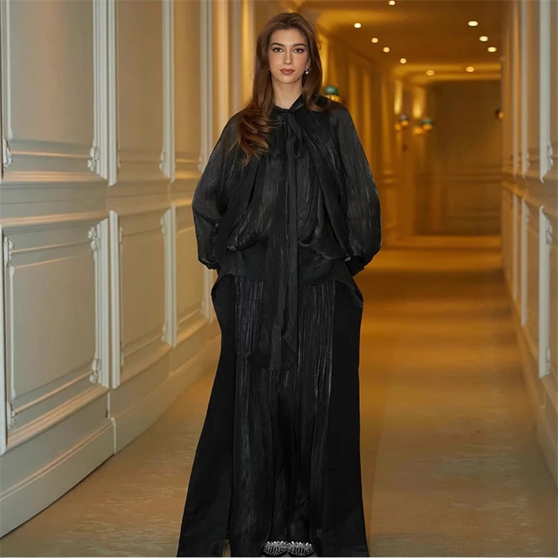 

Блестящее плиссированное платье миди с рукавами-фонариками, женское элегантное платье миди с круглым вырезом на шнуровке и высокой талией, женские вечерние платья, лето 2025