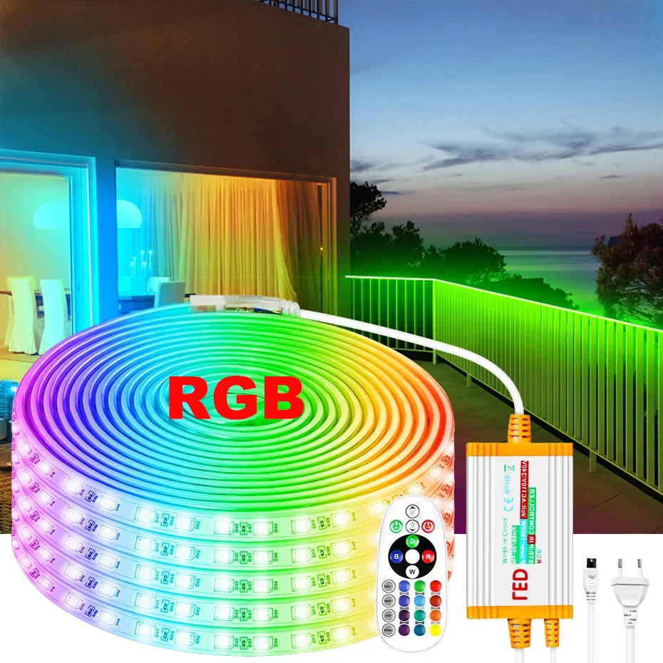 100m 50m RGB LED Strip Light 220V 5050 Waterproof IP67 Flexible Tape Control with 1500W EU Power Plug for Home Lighting Decor