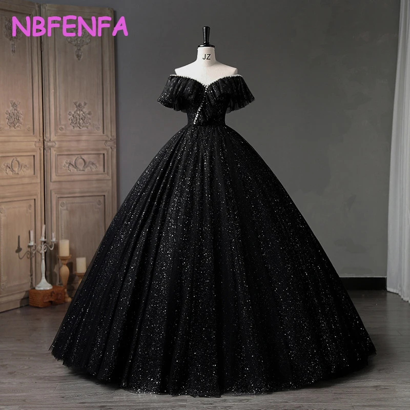 New Black Ball Gown Simple Luxury Bling Shining Dresses Classic Off The Shoulder Floor-length Puffy Dresses For Prom Formal