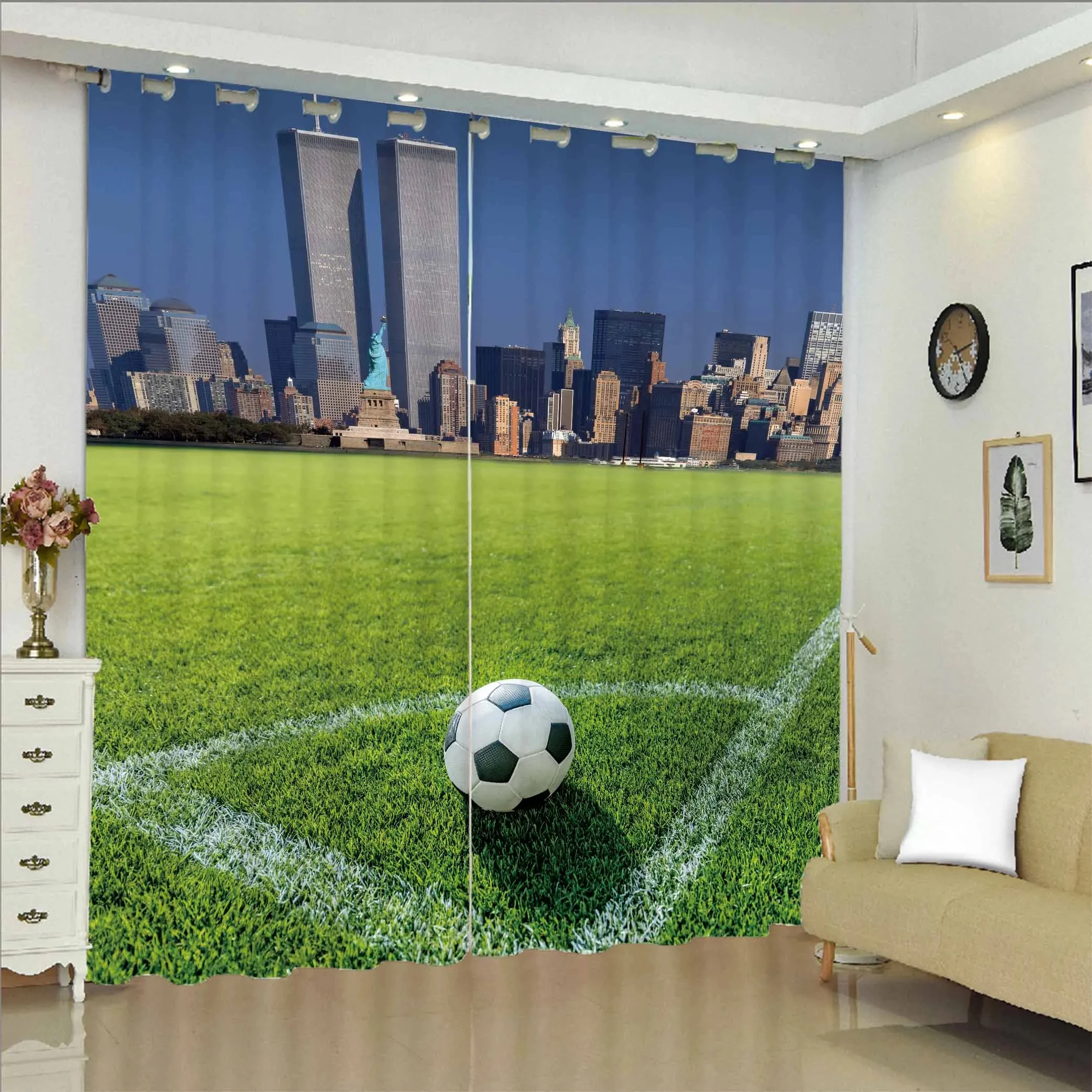 3D Modern Boys Teens Football Series Burning Soccer Ball Pattern Thin Shading 2Panels Curtain for Bedroom Living Room Home Decor