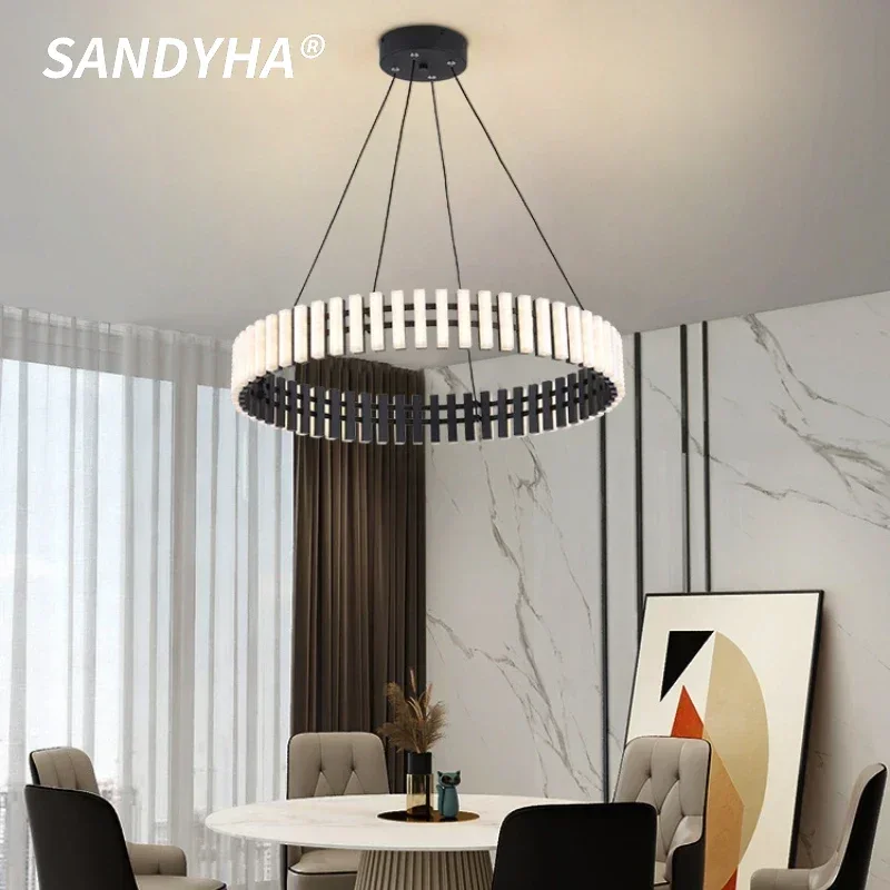 SANDYHA Nordic Pendant Light Black White Square Combination Circular Ring Chandelier for Living Room Decor Dining Table Lighting