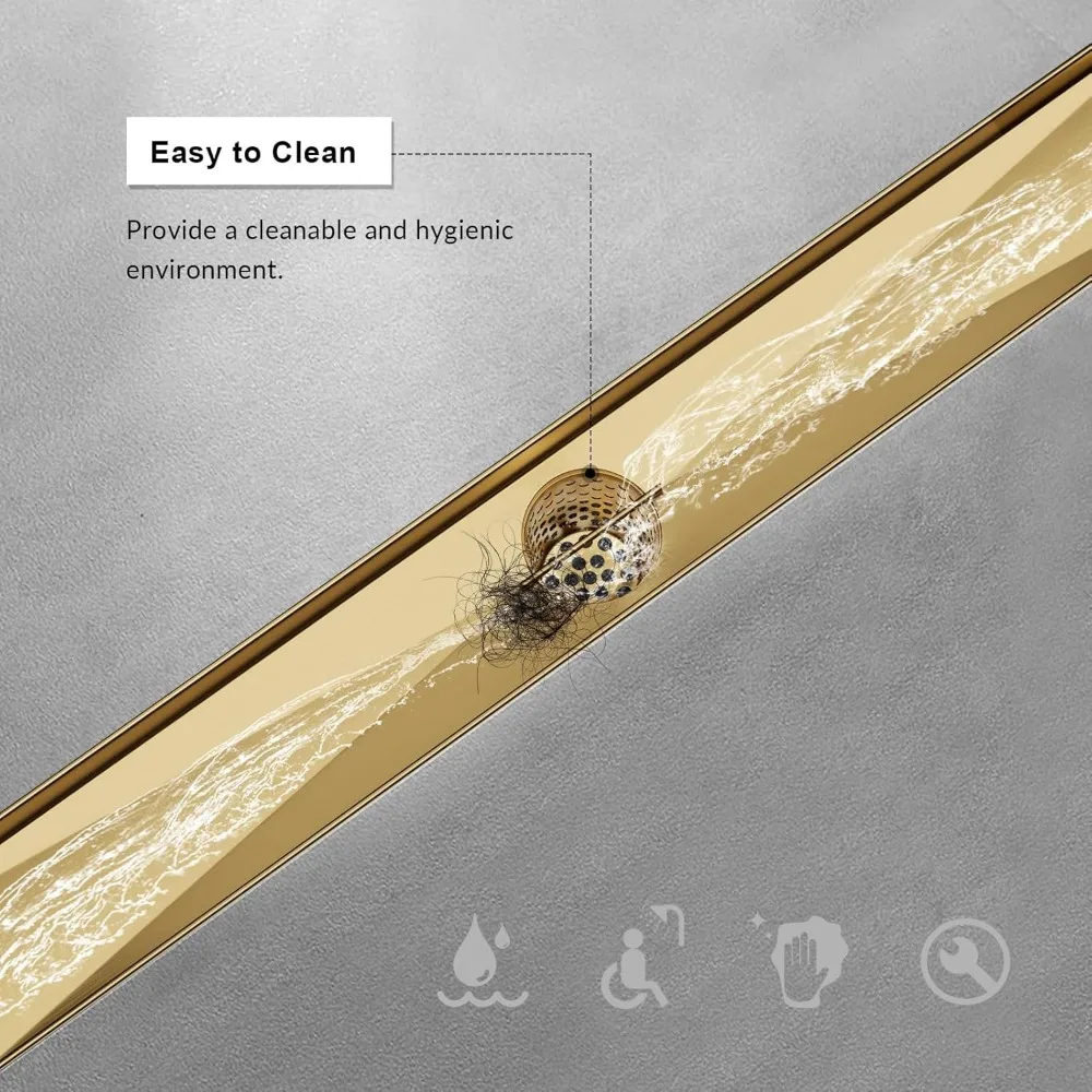 Scarico per doccia lineare da 24 pollici in acciaio inossidabile con copertura piatta e per piastrelle color oro champagne, design reversibile per pavimento senza soluzione di continuità
