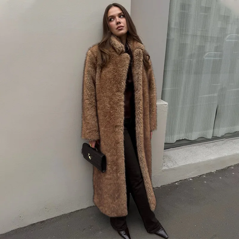 TARUXY Winter Female Faux Fur Overcoat Luxury Lapel Loose Fashion Commute Keep Warm Long Sleeve Outwear Women's Faux Fur jacket