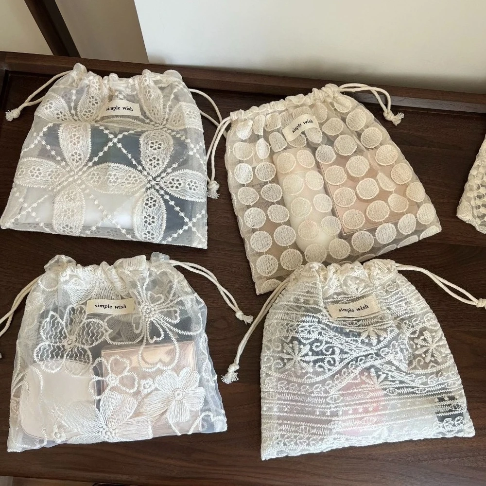 Vintage Lace Embroidered Floral Drawstring Cosmetic Storage Bag Mesh Cotton Makeup Pouch For Jewelry Candy Gift Packaging
