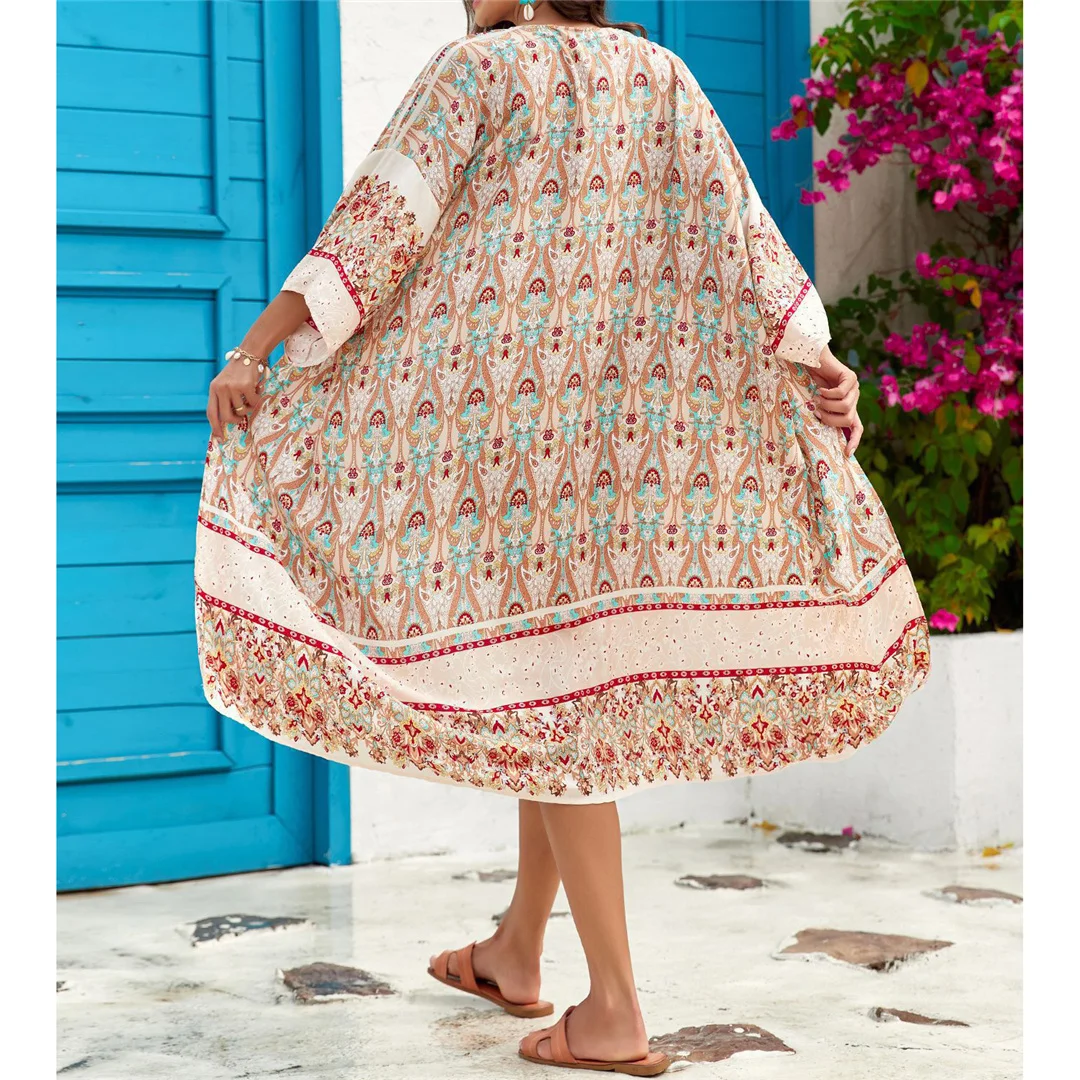 Bedrucktes, langärmeliges, gehäkeltes Strick-Cardigan-Tunika-Strandkleid, Strandmode, Strandbekleidung, Strand-Cover-up, Damen V7203 – Detail 17