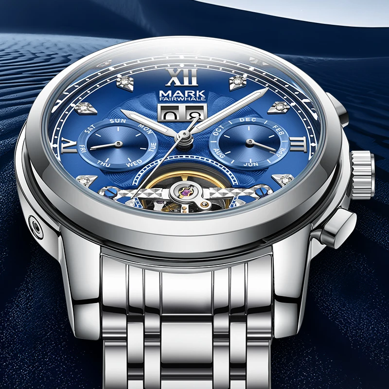 

Tourbillon Skeleton Diamond Automatic Mechanical Stainless Steel Business Calendar Window reloj hombre