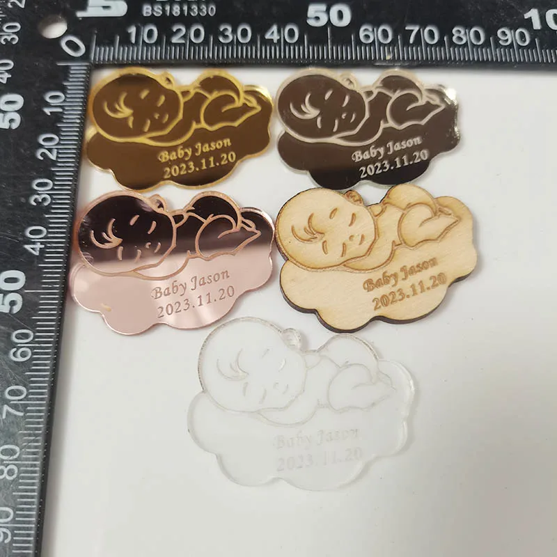 30pcs Personalized Sleeping Baby Laser Cut Acrylic Mirror Tags For New Baby Birthday Anniversary Party DIY Gift Decors