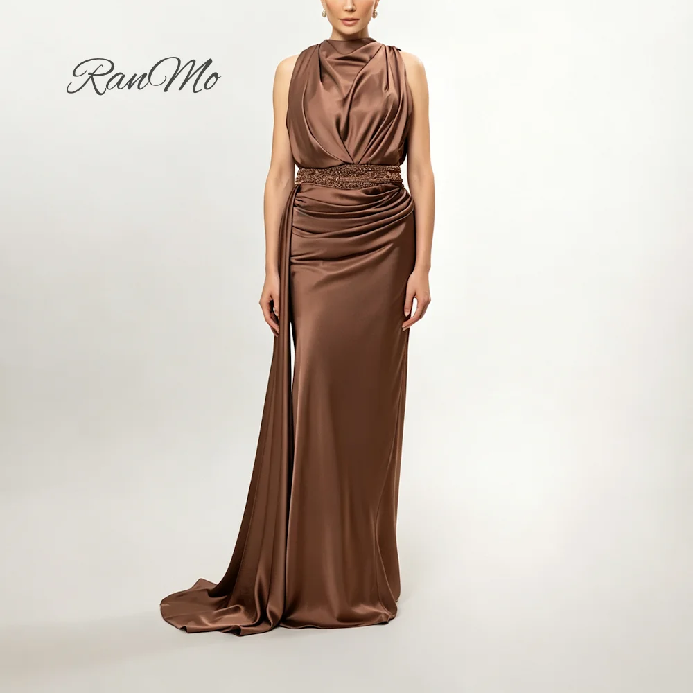 RANMO Custom Chocolate Mermaid Evening Dress Halter Sleeveless Satin Beaded Waist Draped Ruched Keyhole Back Formal Gown