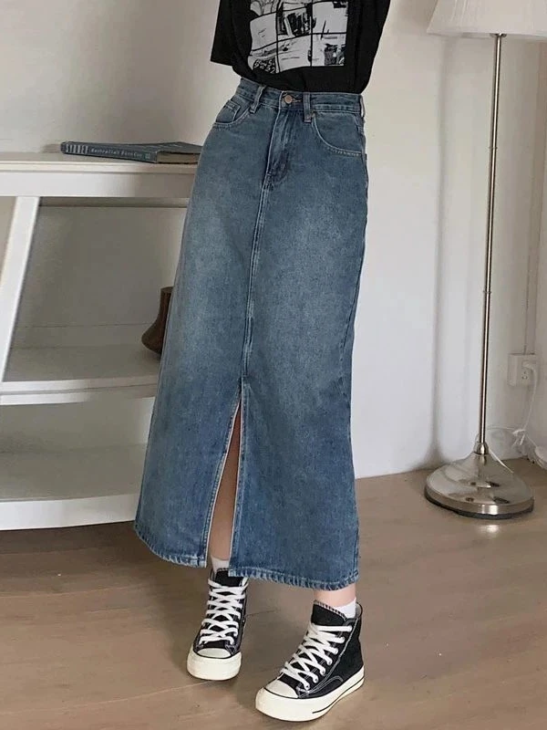 

High Waist A-Line Denim Skirt with Split Vintage Sle Street Faion Polyester Material Midi Skirt for Women in Their 20s