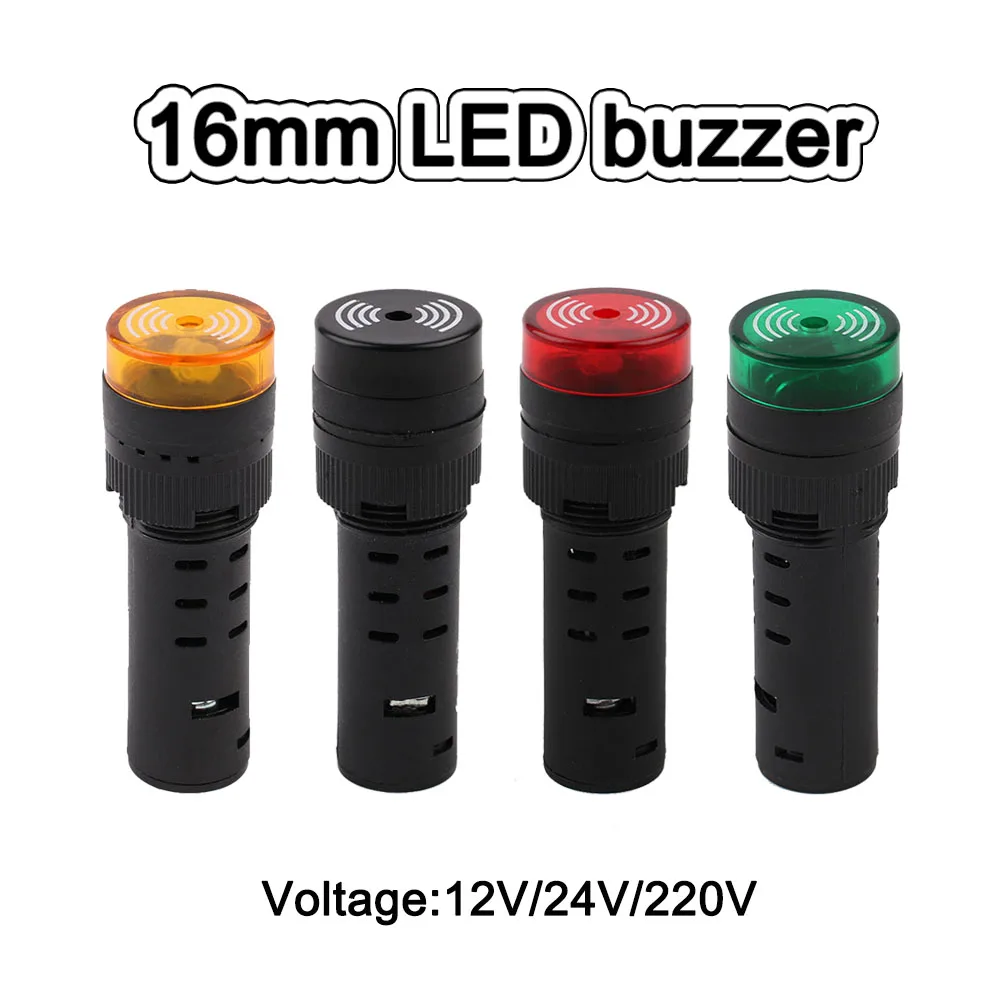 

1pcs 16mm Strobe Buzzer Alarm Indicator Red LED AD16-16SM Panel Mount 12V 24V 220V Warning Light Red Green Yellow Black