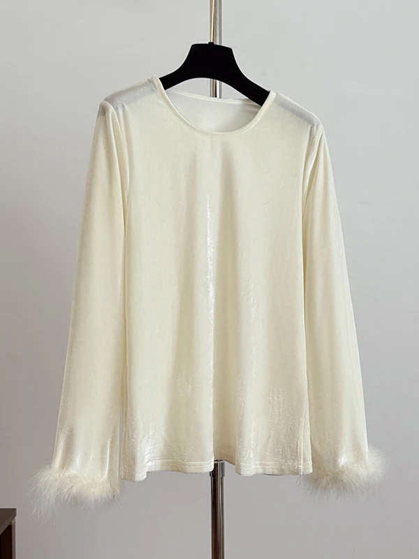 

Новая женская повседневная универсальная футболка из вельвета с круглым вырезом, свободного кроя, с отделкой из искусственного меха