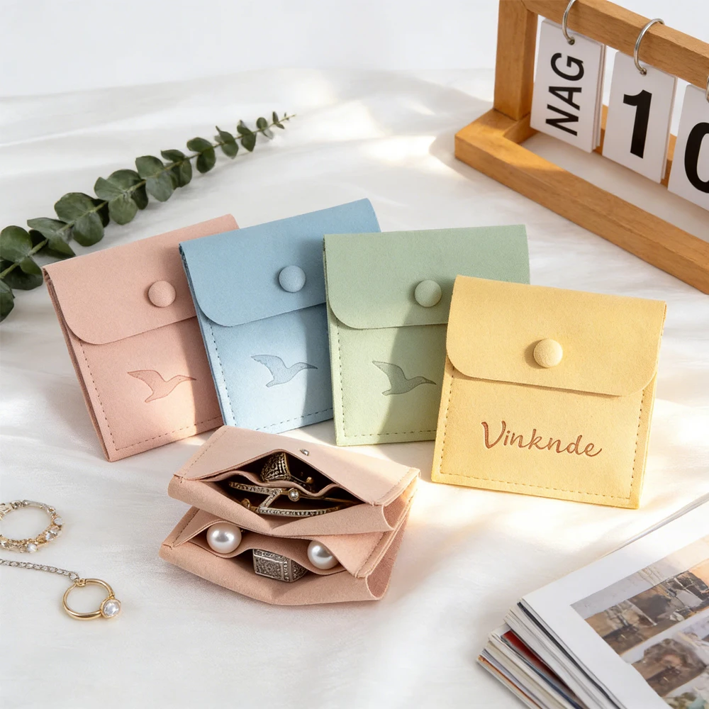 

100pcs Custom Logo Jewelry Snap Bag 6x6cm 8x8cm 9x9cm Necklace Earring Holder Storage Jewellry Packaging Pouch Microfiber Bags