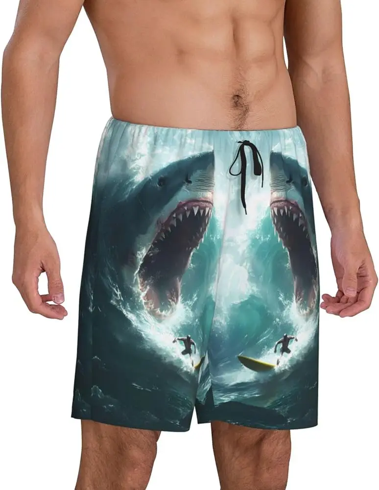 Men's Shark Graphic Polyester Knit Sweatsuit Set - Casual Crew Neck Short Sleeve T-Shirt & Shorts Outfit With Slight Summer