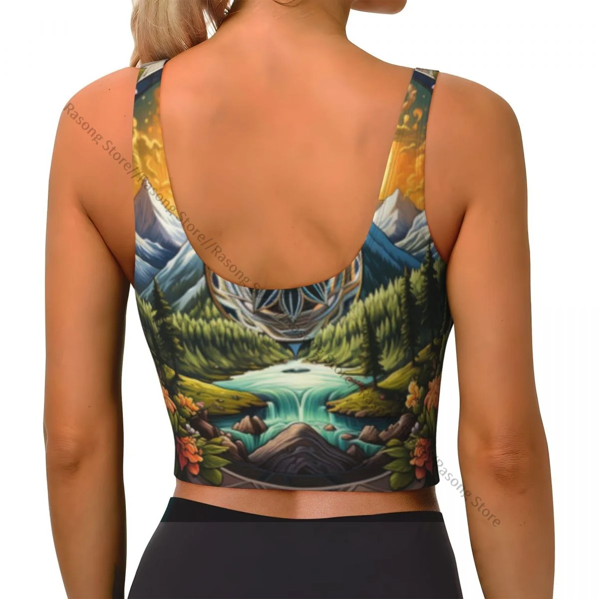 Yoga Vest Women Gym Sports Crop Tops Mountain Landscape With Lake Sun And Flowers Streetwear Workout Breathable Tank Top Female