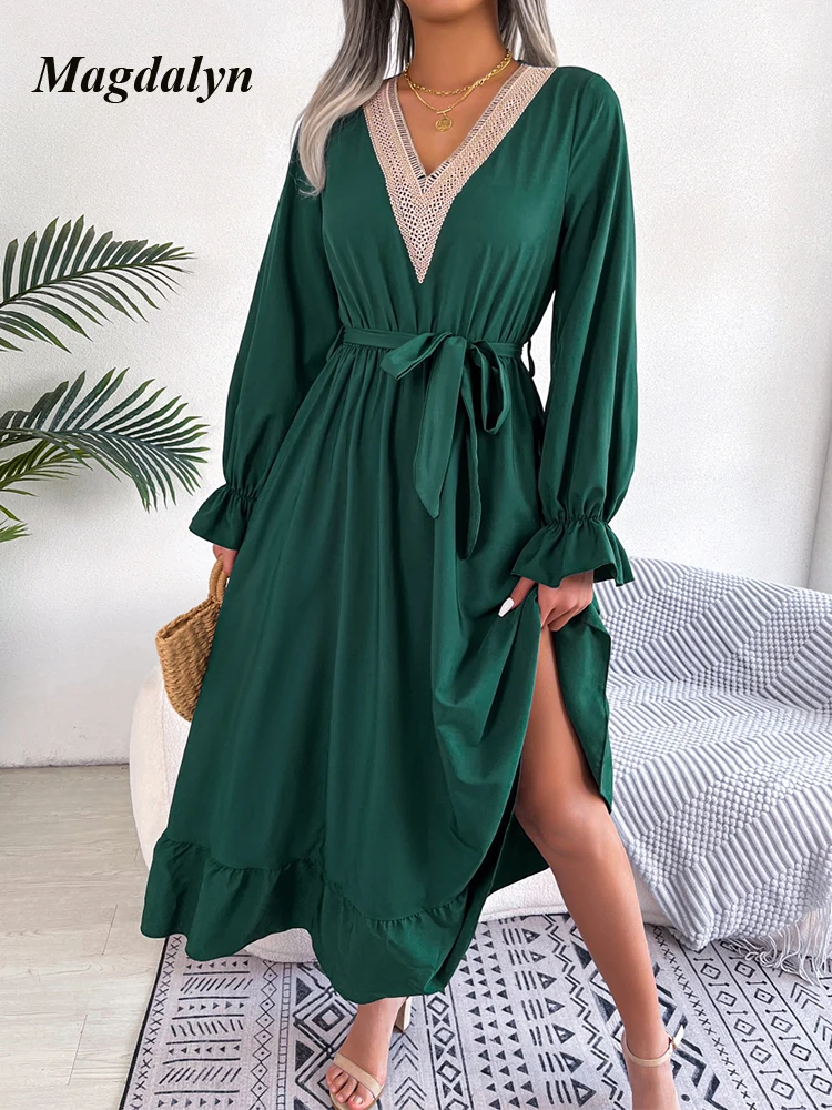 Magdalyn Boho Women Tunic Summer Sundress V Neck Sashes A Line Long Flare Sleeves Lace Patchwork Solid Ruffle Chiffon Long Dress