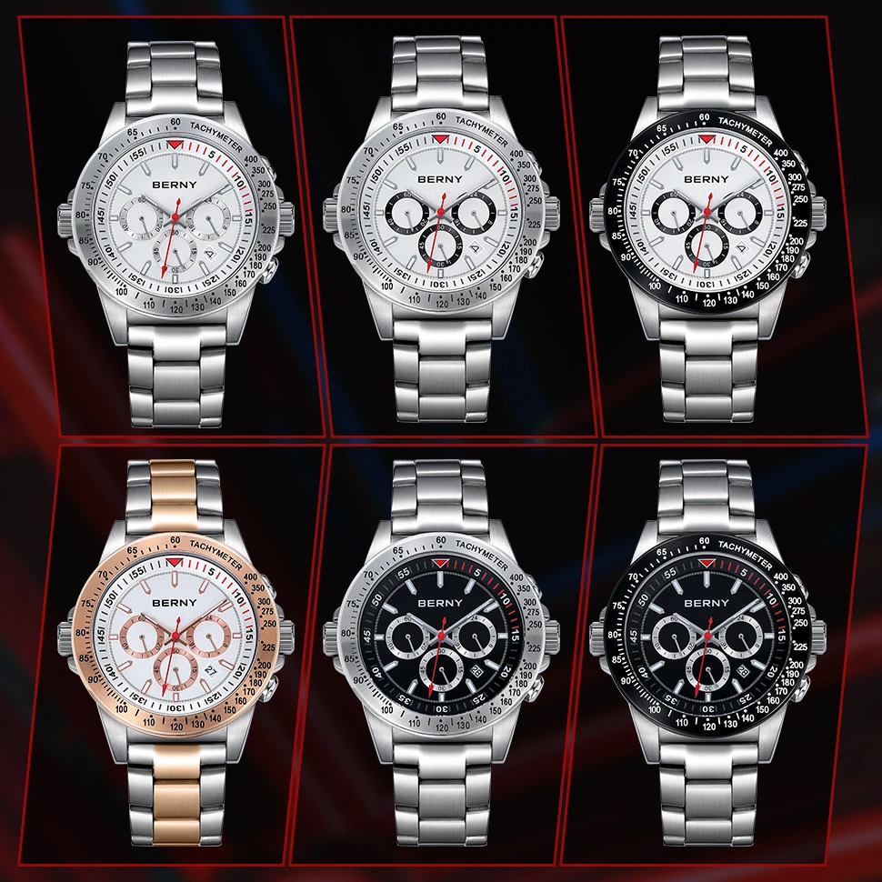 BERNY Quartz Watches for Men MIYOTA OS20 Multi-function Chronograph Sapphire Luminous Men Sport Watch Diving 10ATM Men Watches